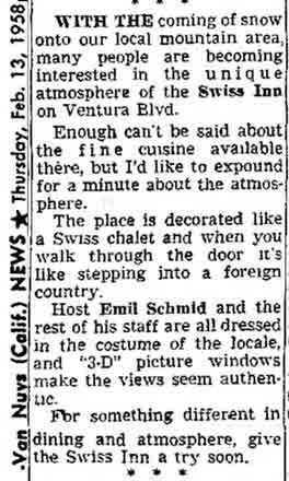 Review of The Swiss Inn - Van Nuys News, February 13, 1958