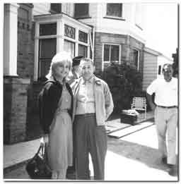 <p>Susan Oliver and Al Mathews.  This photograph was provided by Kinsman native Doug Mathews and shows his grandfather, Al Mathews, with <i>Welcome To Amity</i> co-star Susan Oliver in the driveway of the funeral home during a break in shooting.  The photo was shot by Doug's parents.</p>